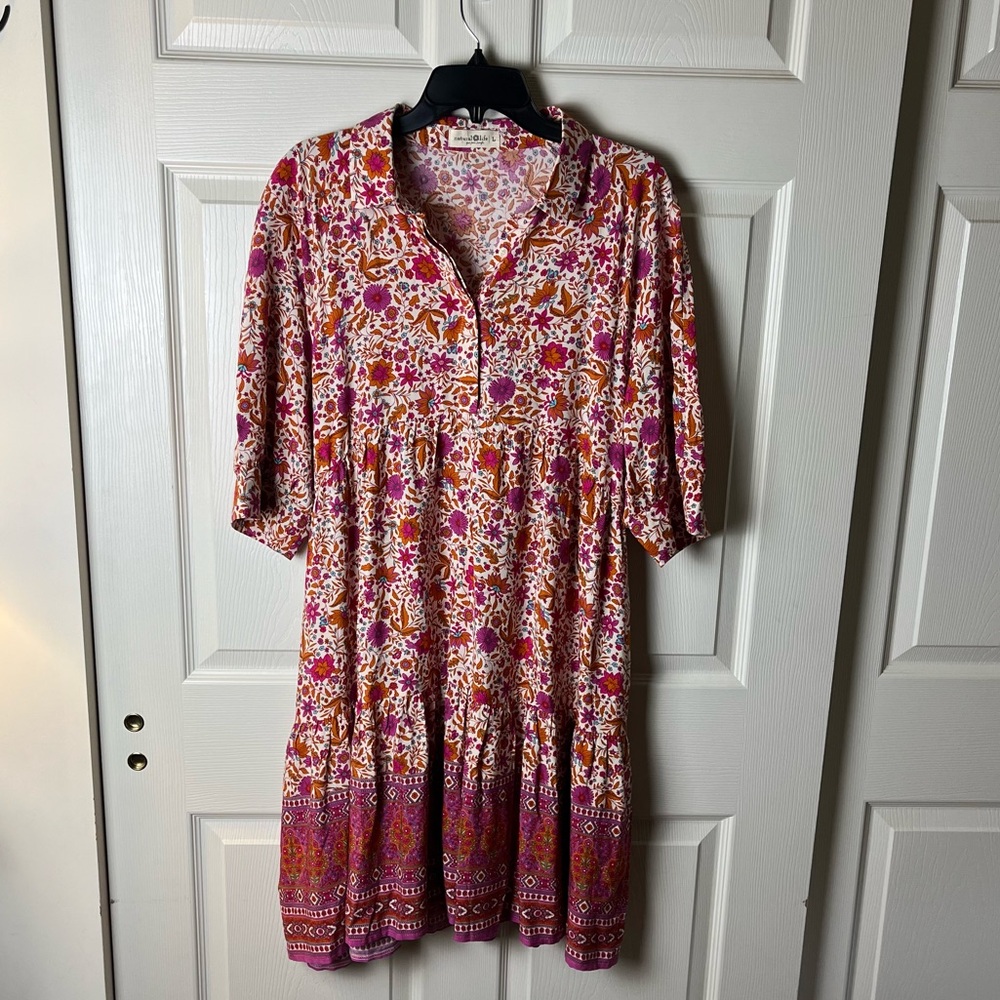 NATURAL LIFE Pink and Orange Floral Midi Dress- Size Large